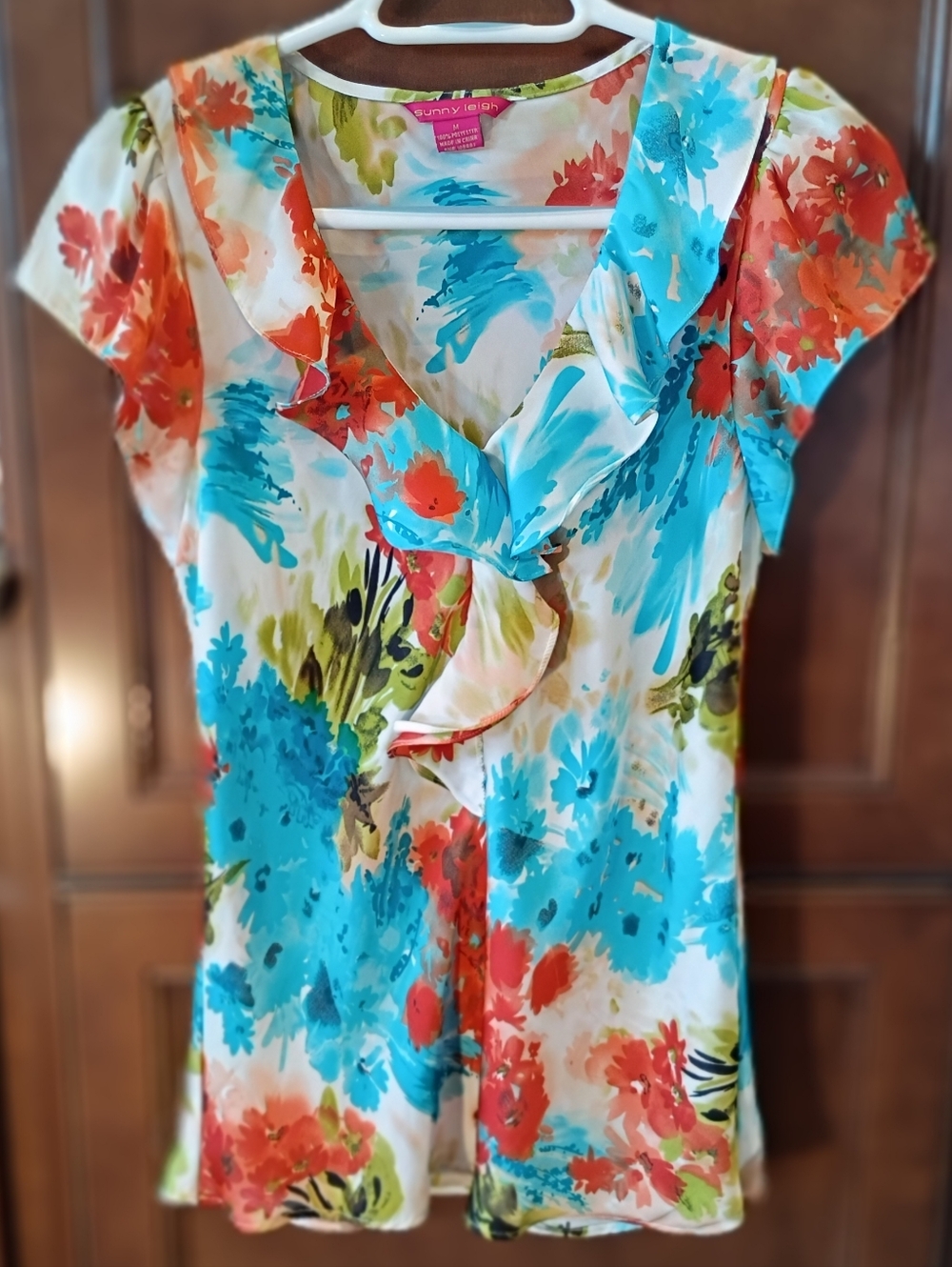 Sunny Leigh Turquoise & Coral Ruffle V-Neck Blouse